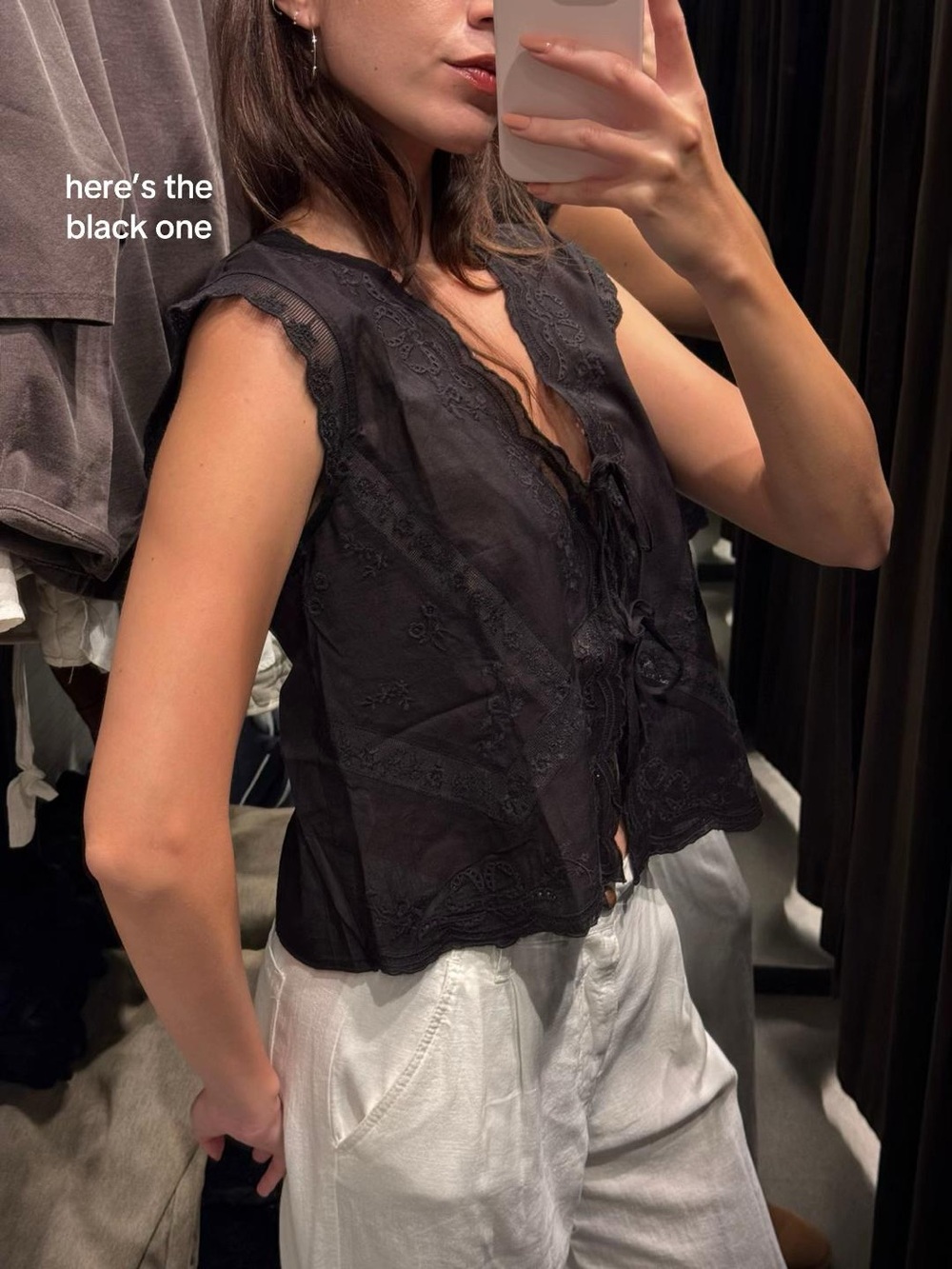 Zara Black Embroidered Tie-Front Top